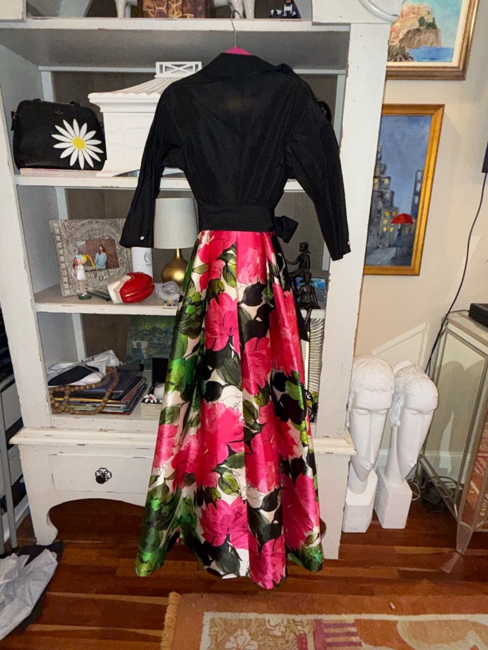 Teri Jon Rickie freeman sz 12 Taffeta shirt dress gown black top floral skirt - Picture 3 of 7